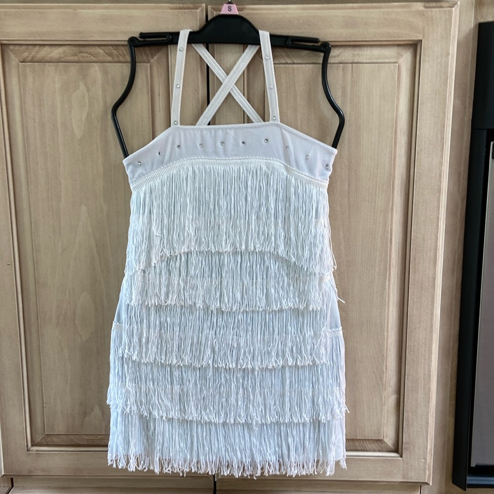 Art Stone dance costume dress sz MC white fringed euc